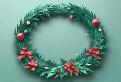 The primary subject of the image is a paper wreath with red and green colors. The wreath is adorned with red and green bows, and it is placed on a green background. The visual style of the image is a combination of digital art and illustration, creating a festive and holiday-themed scene. The colors and mood of the image are predominantly red and green, which are associated with Christmas and holiday celebrations.